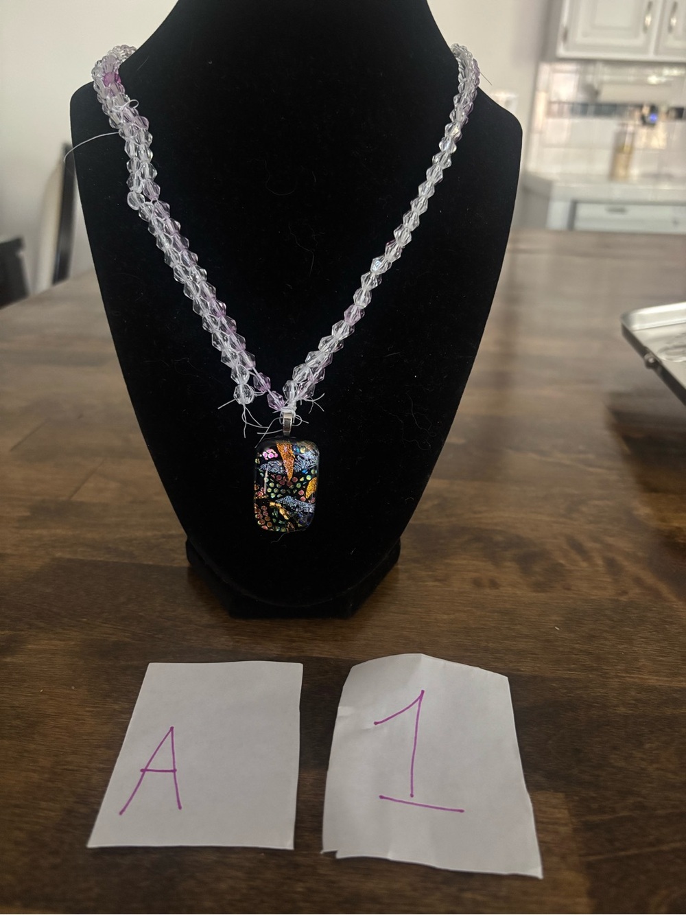 Hand Crafted Clear and Light Pink Beaded Necklace with Multicolor Glass Pendant